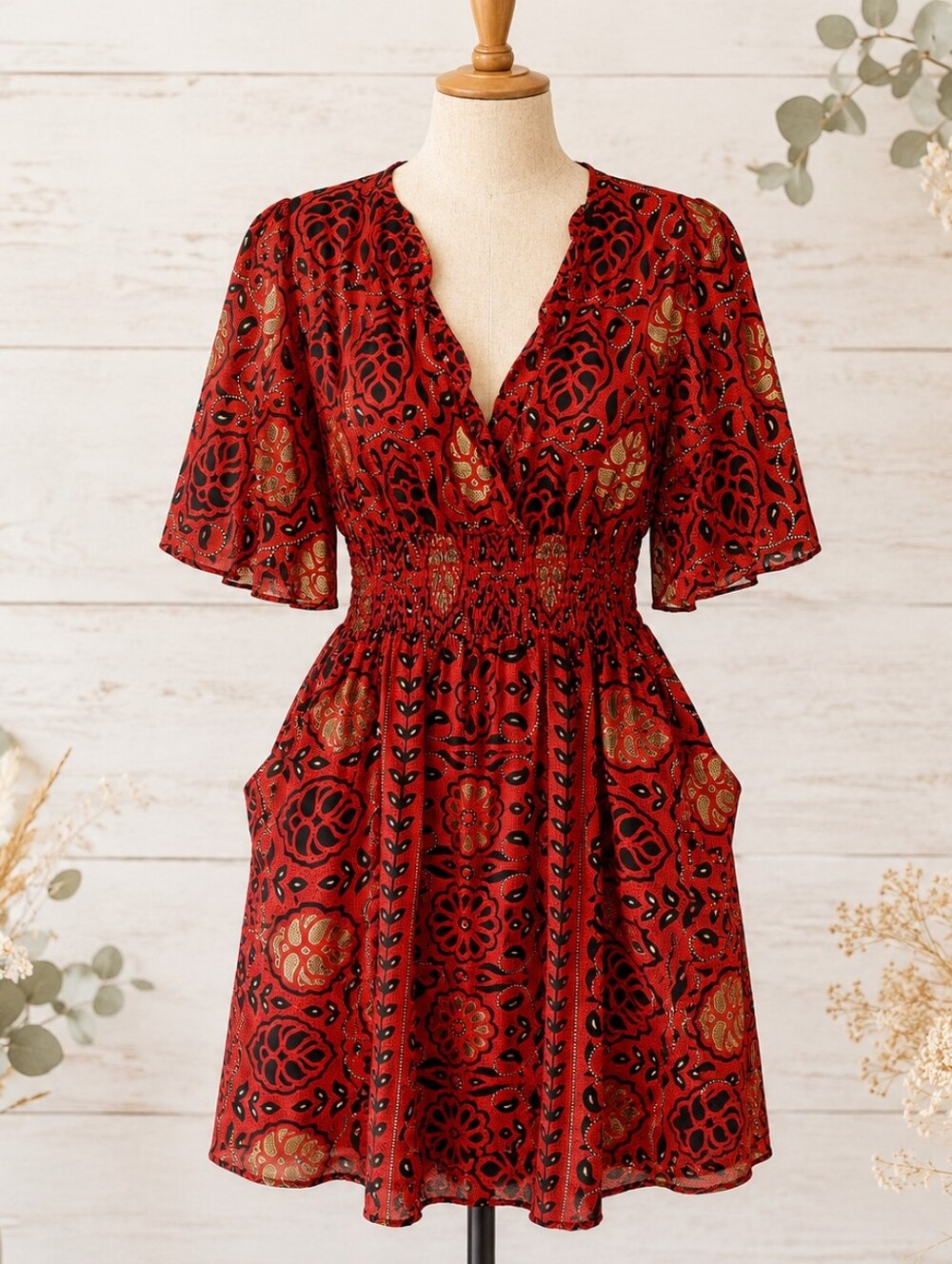 Guru L/XL Red Boho Floral Dress Smocked Waist Flutter Sleeve Pockets